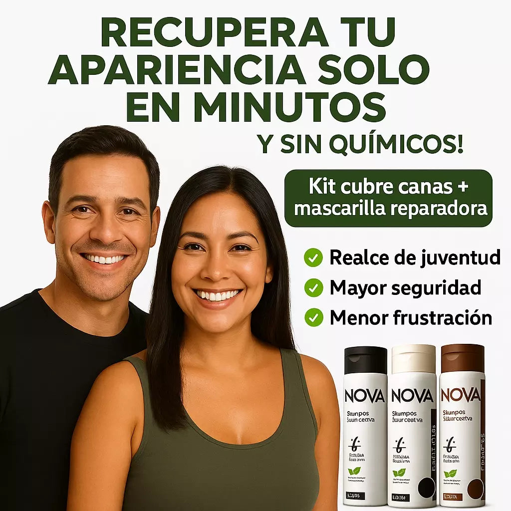 Luce hasta 20 años más Joven cubriendo tus canas de forma Natural: Kit Shampoo + mascarilla cubre Canas NOVA