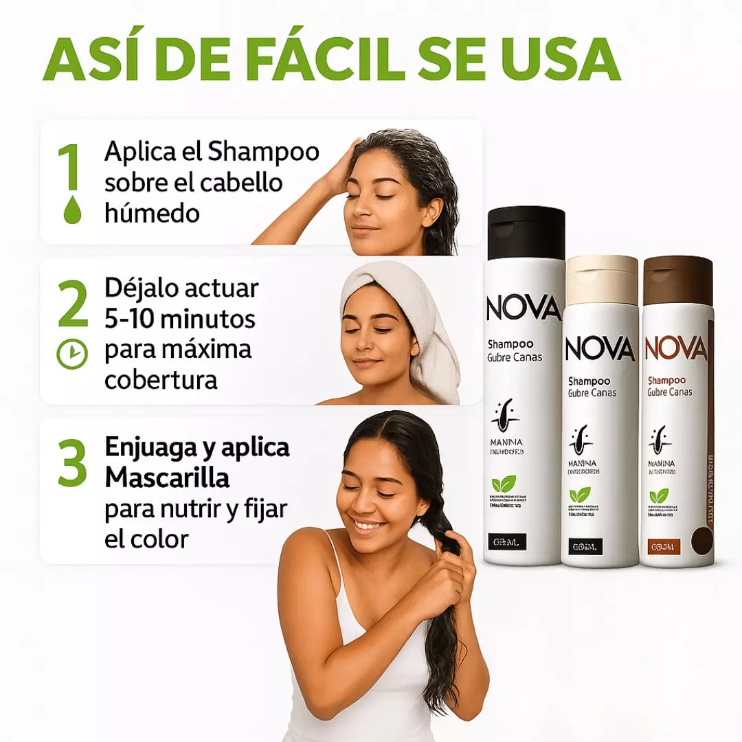 Luce hasta 20 años más Joven cubriendo tus canas de forma Natural: Kit Shampoo + mascarilla cubre Canas NOVA