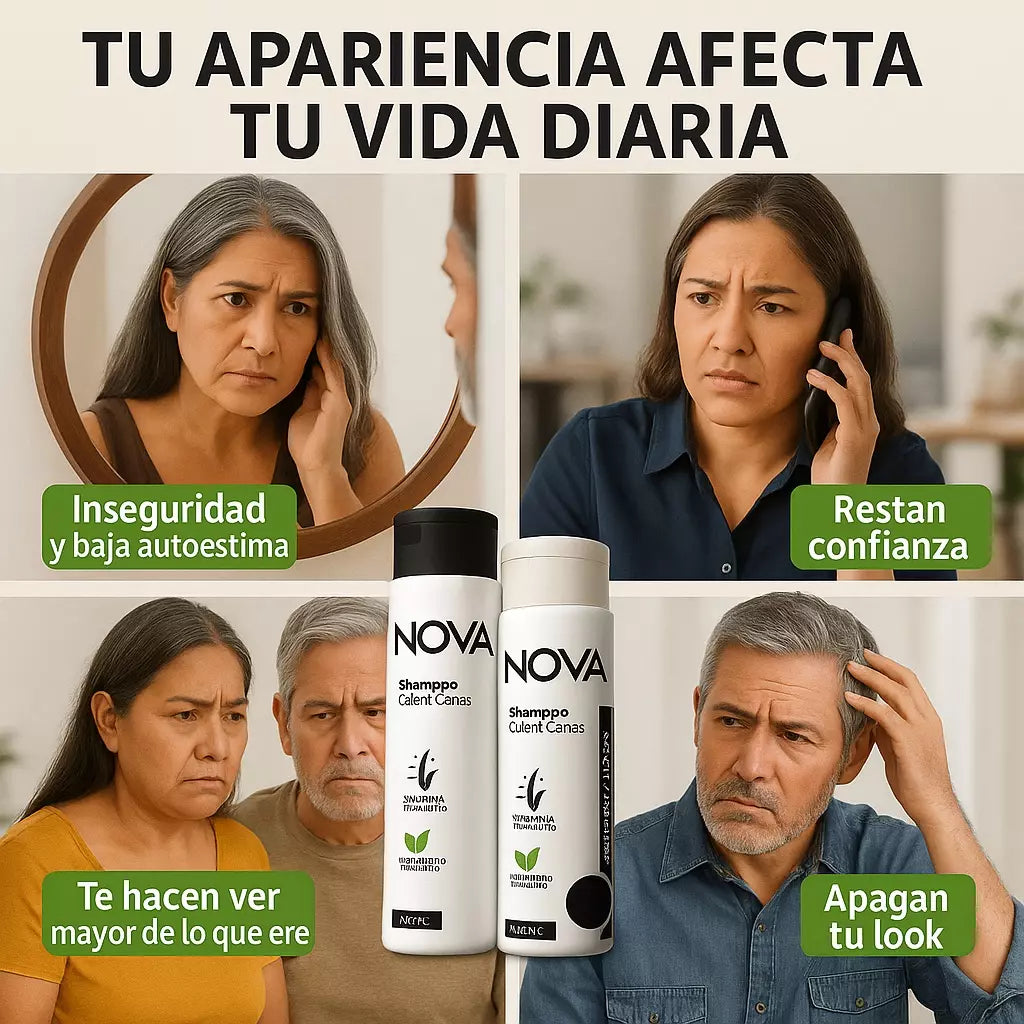 Luce hasta 20 años más Joven cubriendo tus canas de forma Natural: Kit Shampoo + mascarilla cubre Canas NOVA