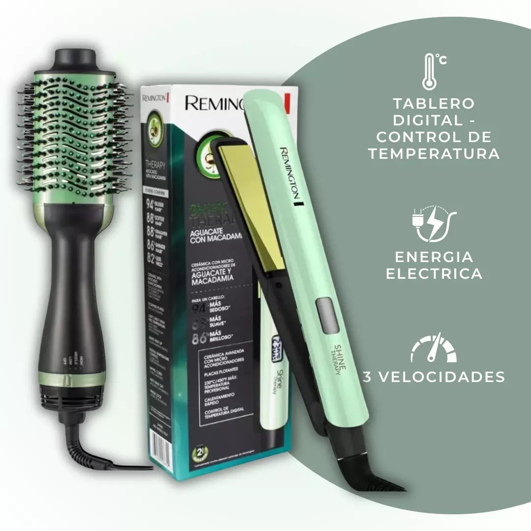 Remington® Belleza profesional al alcance de tus manos COMBO CEPILLO SECADOR 4 EN 1 DE AGUACATE + PLANCHA