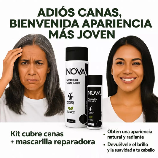 Luce hasta 20 años más Joven cubriendo tus canas de forma Natural: Kit Shampoo + mascarilla cubre Canas NOVA