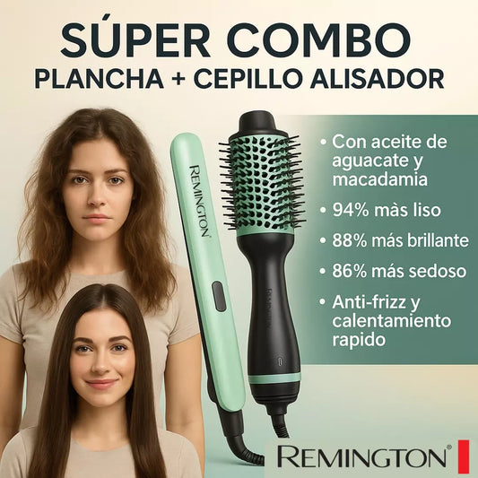 Remington® Belleza profesional al alcance de tus manos COMBO CEPILLO SECADOR 4 EN 1 DE AGUACATE + PLANCHA