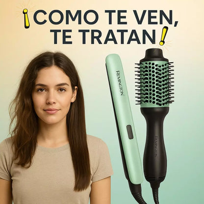 Remington® Belleza profesional al alcance de tus manos COMBO CEPILLO SECADOR 4 EN 1 DE AGUACATE + PLANCHA