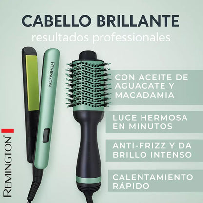 Remington® Belleza profesional al alcance de tus manos COMBO CEPILLO SECADOR 4 EN 1 DE AGUACATE + PLANCHA